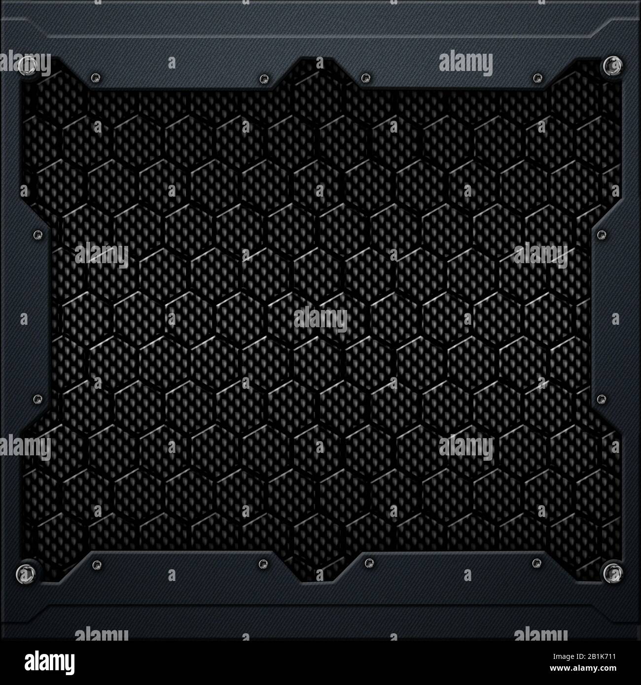 black hexagon carbon fiber in dark gray metal frame. 3d illustration