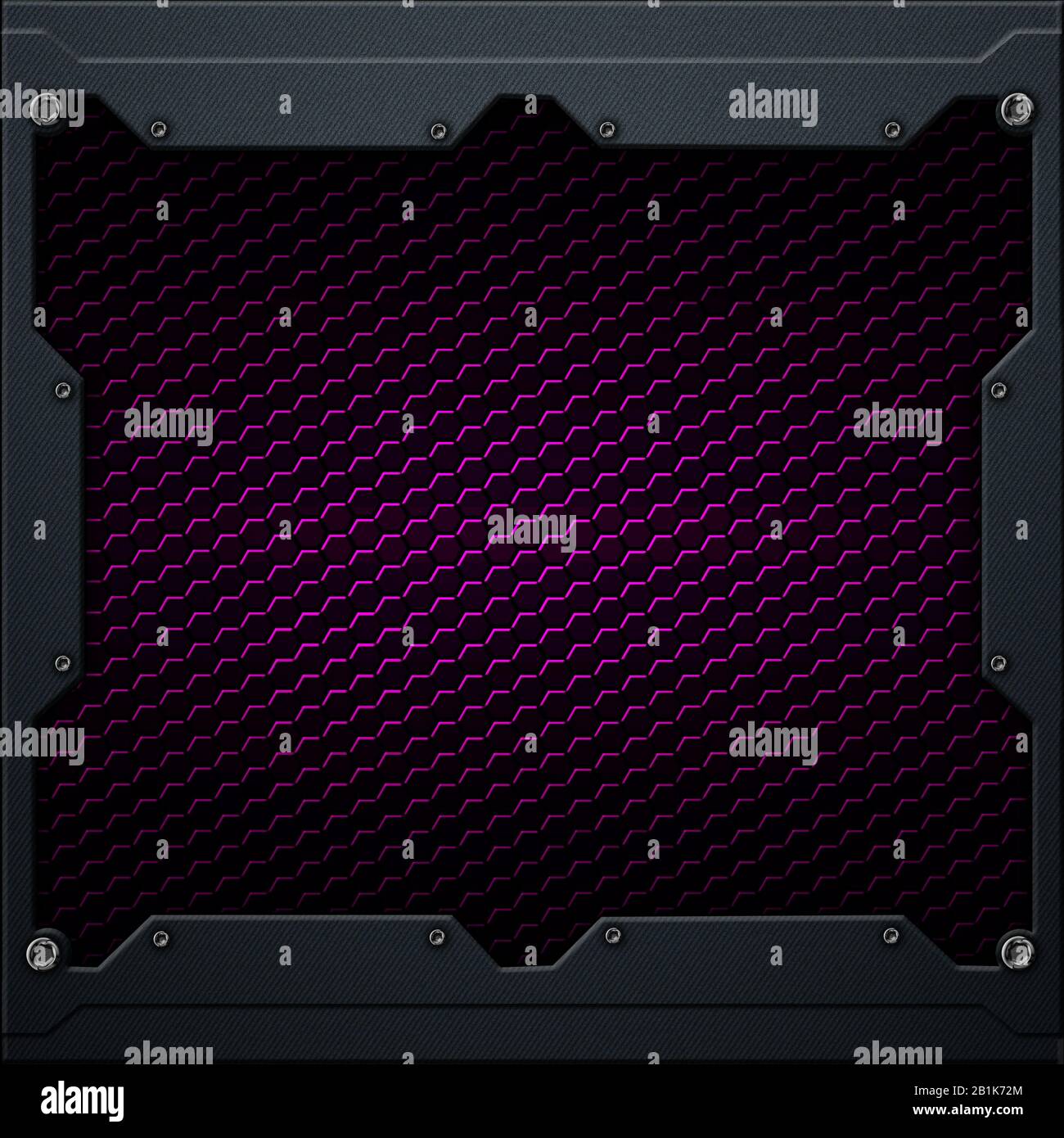 purple hexagon carbon fiber in dark gray metal frame. 3d illustration. technology concept. Stock Photo