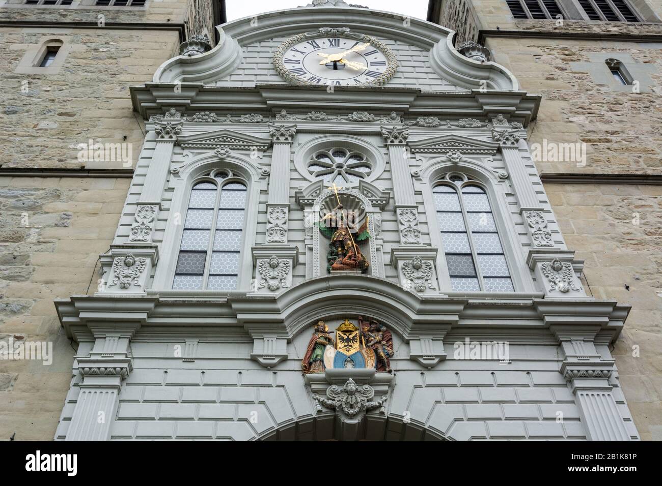 Lucerne, Switzerland - June 26, 2016. Facade of Church of St. Leodegar (Hofkirche St. Leodegar) in Lucerne, Switzerland, with religious statues and ch Stock Photo