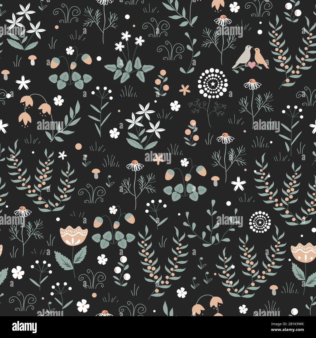 Vector floral seamless pattern with meadow plants, flowers and birds ...