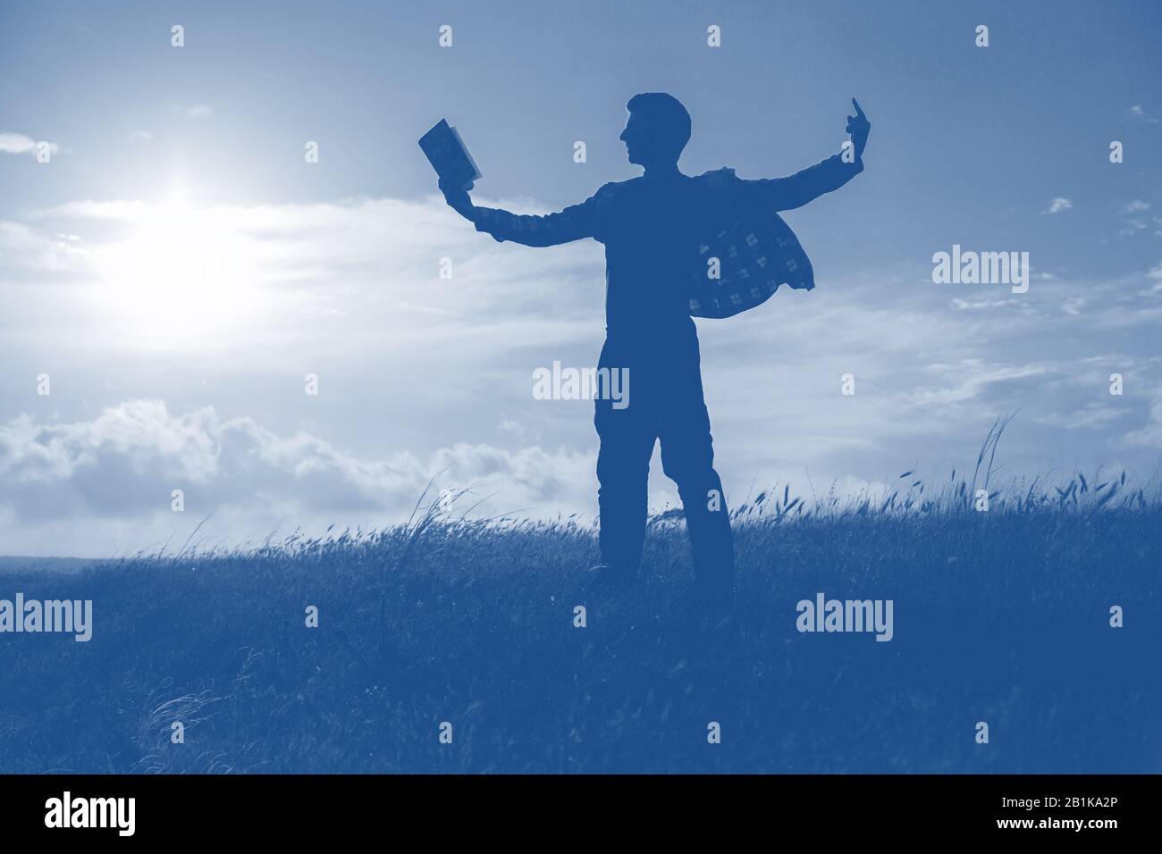 Silhouette of a men against beautiful romantic sunset sky with clouds ...