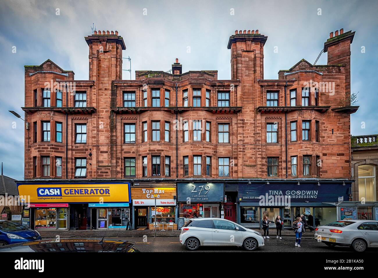 GLASGOW, SCOTLAND - JANUARY 25, 2020: A typical red sandstone tenement block in the Partick area to the west of the city. Stock Photo