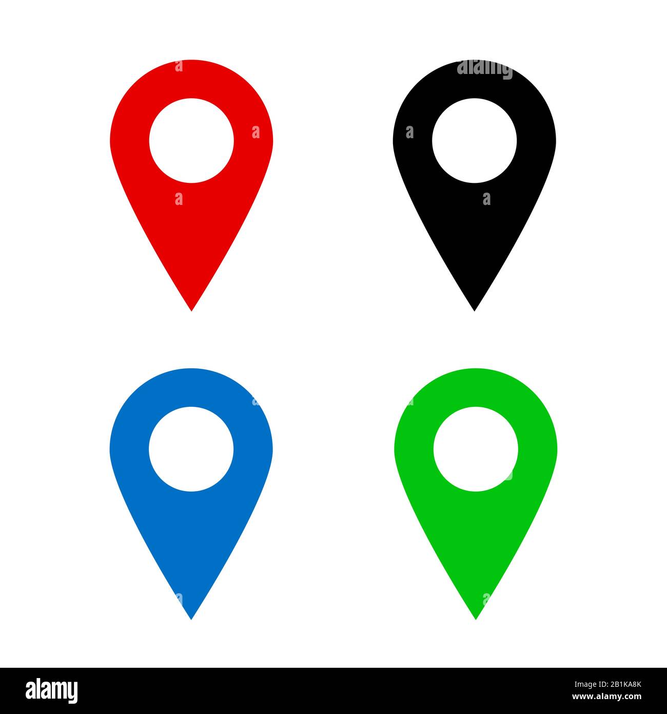 Set of Location pins. Blue, black, red and green location pins isolated