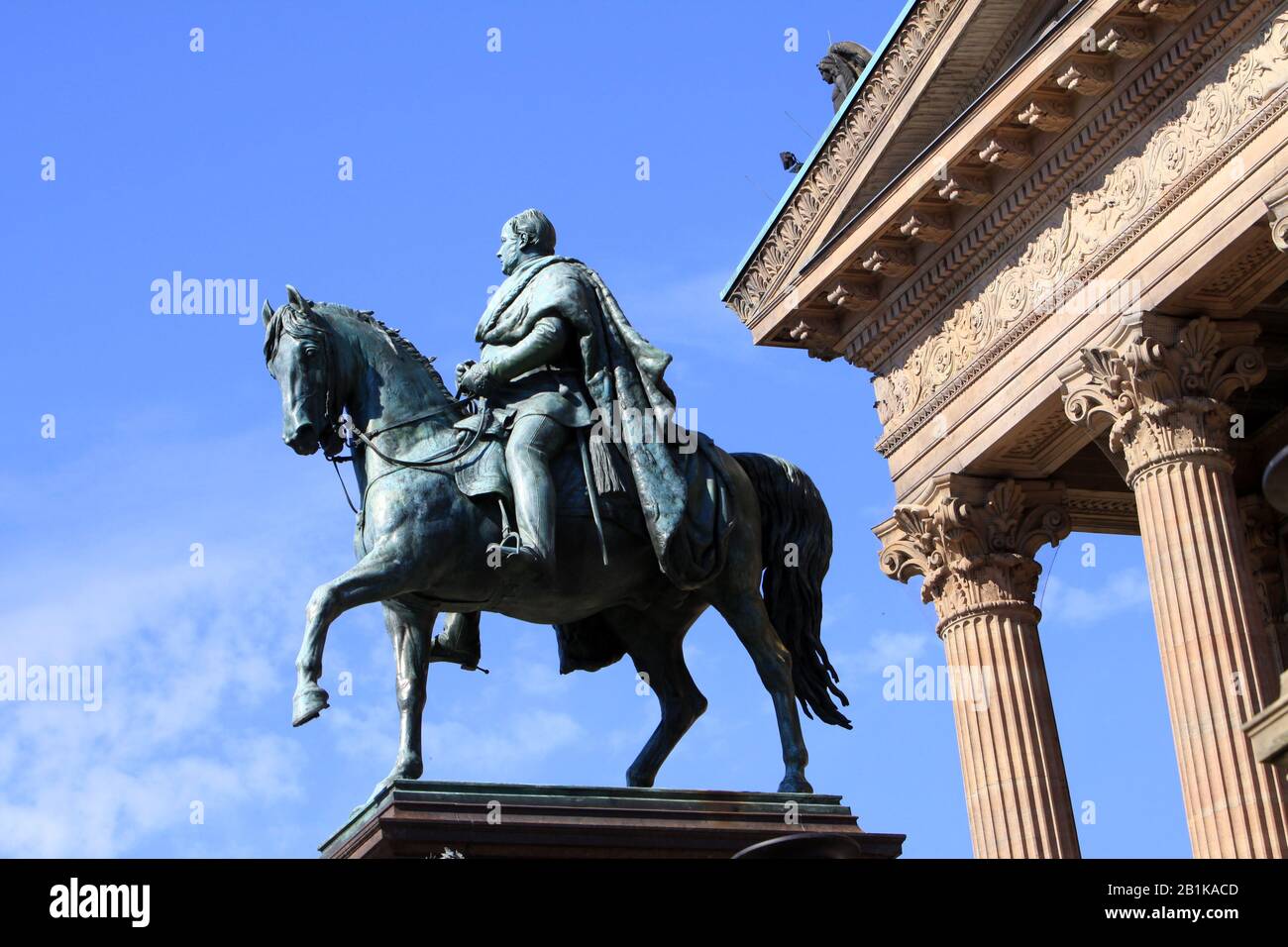 Old National Gallery on Museum Island with equestrian statue of Friedrich Wilhelm IV, Berlin, Germany, 08-17-2013 Stock Photo