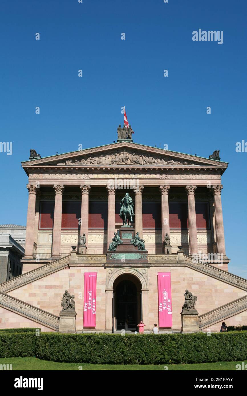 Old National Gallery on Museum Island with equestrian statue of Friedrich Wilhelm IV, Berlin, Germany, 08-17-2013 Stock Photo