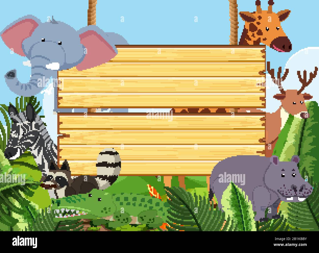 Wooden sign template with wild animals in the park illustration Stock ...