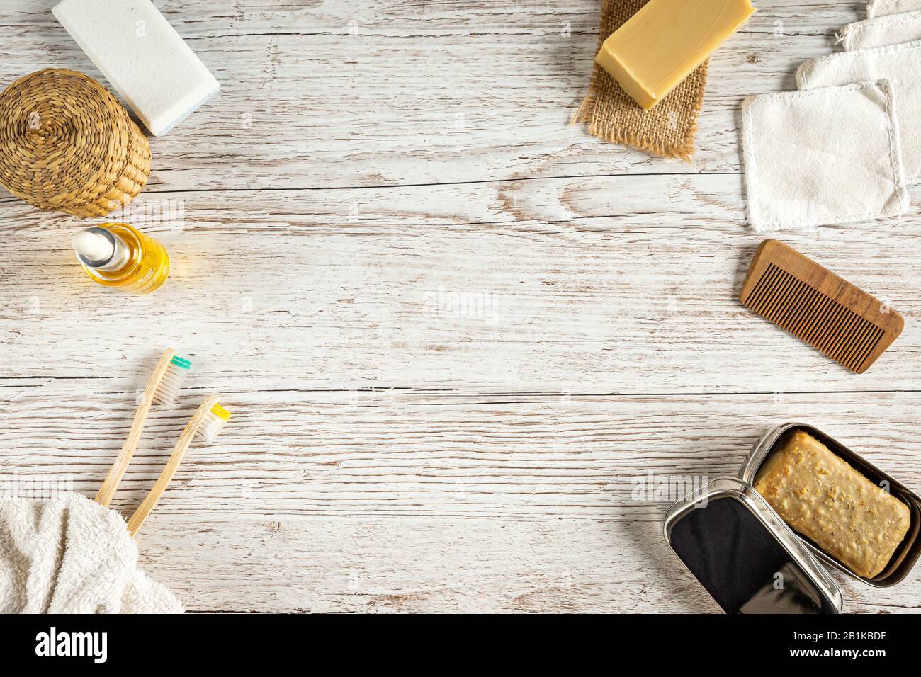 Natural bathroom accessories, topview, central space Stock Photo Alamy