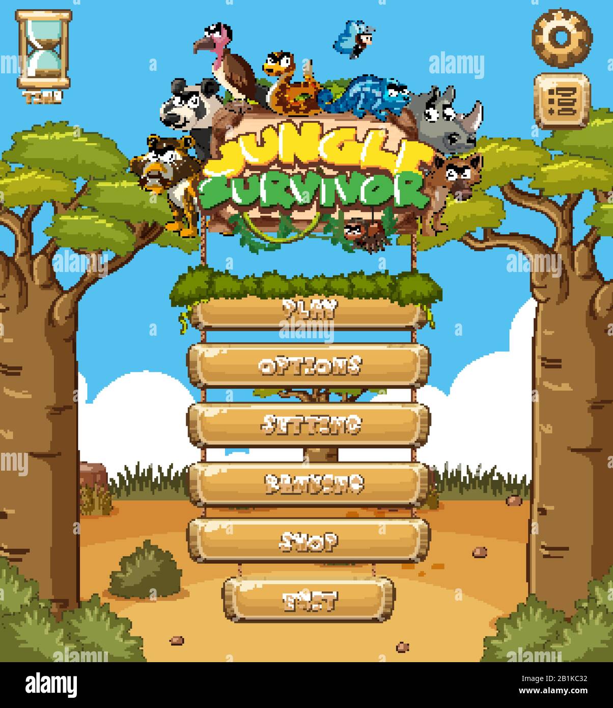 Game template design with animals and forest background illustration ...