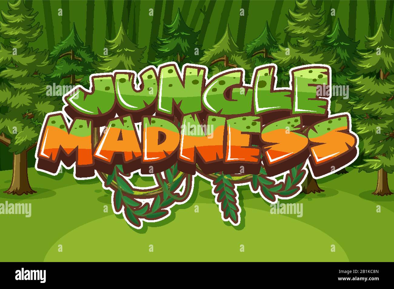 Word design for jungle madness with many trees in the forest