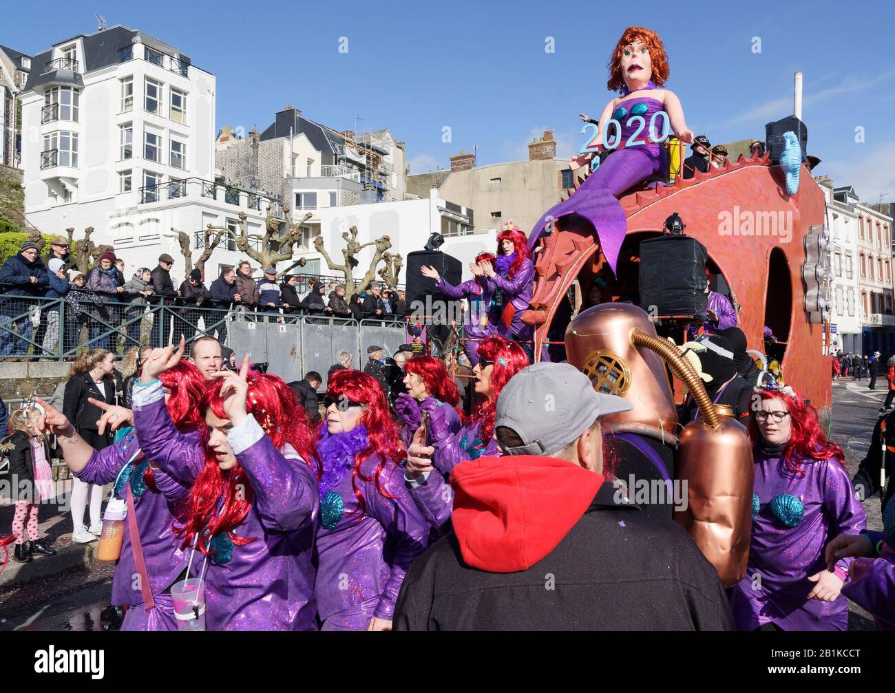 Granville Carnival, parade of carnivalists and floats in the streets of the city (Manche