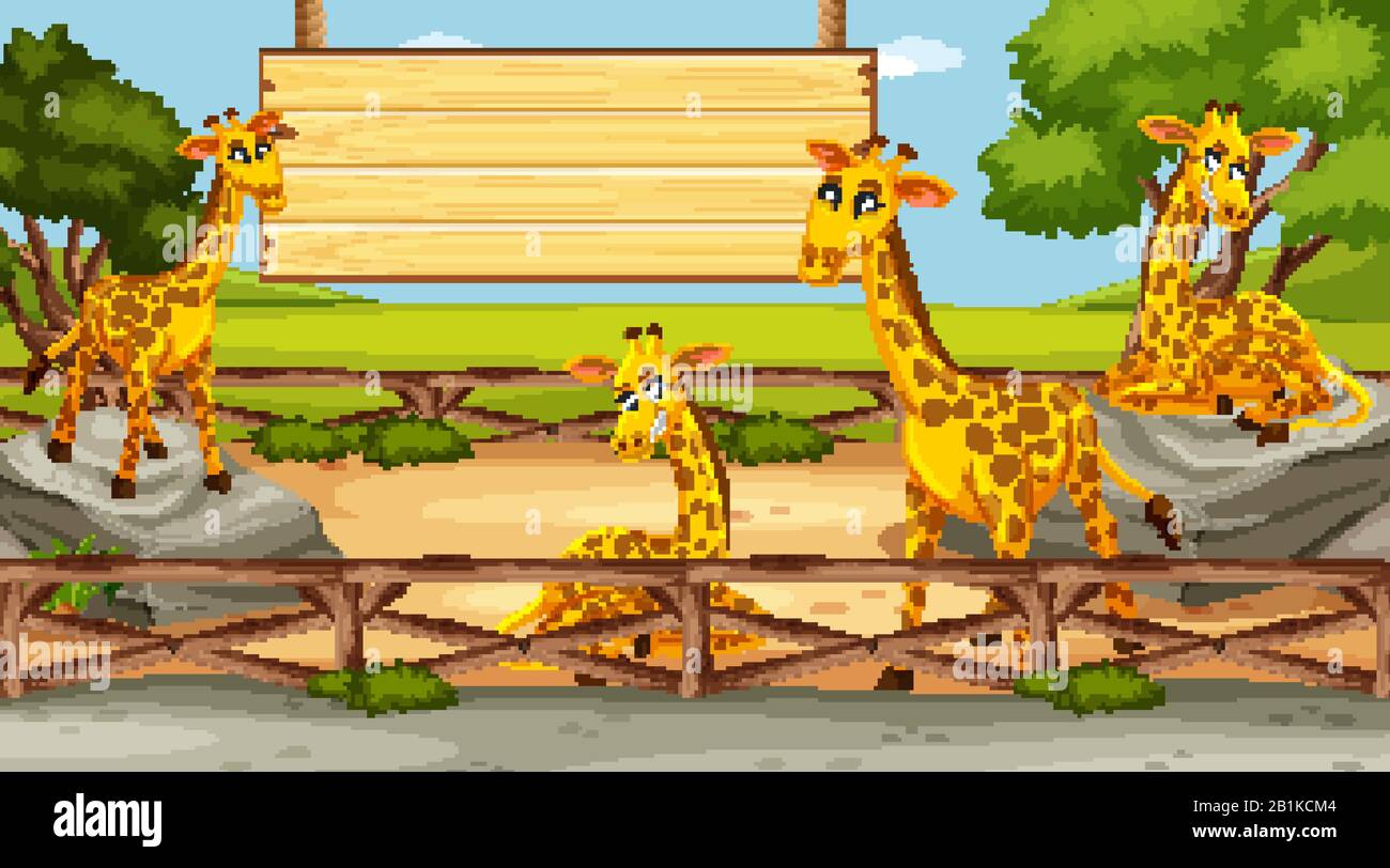 Wooden sign template with giraffes in the park illustration Stock ...