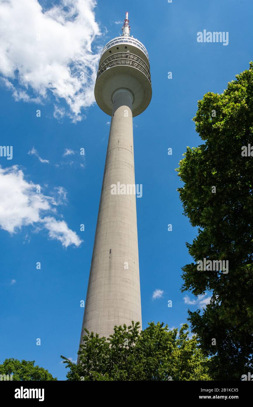 Munich, Germany – July 1, 2016. 291m-high Olympic Tower (Olympiaturm) in Munich, on a clear summer day. The tower also serves as a broadcast tower. Stock Photo