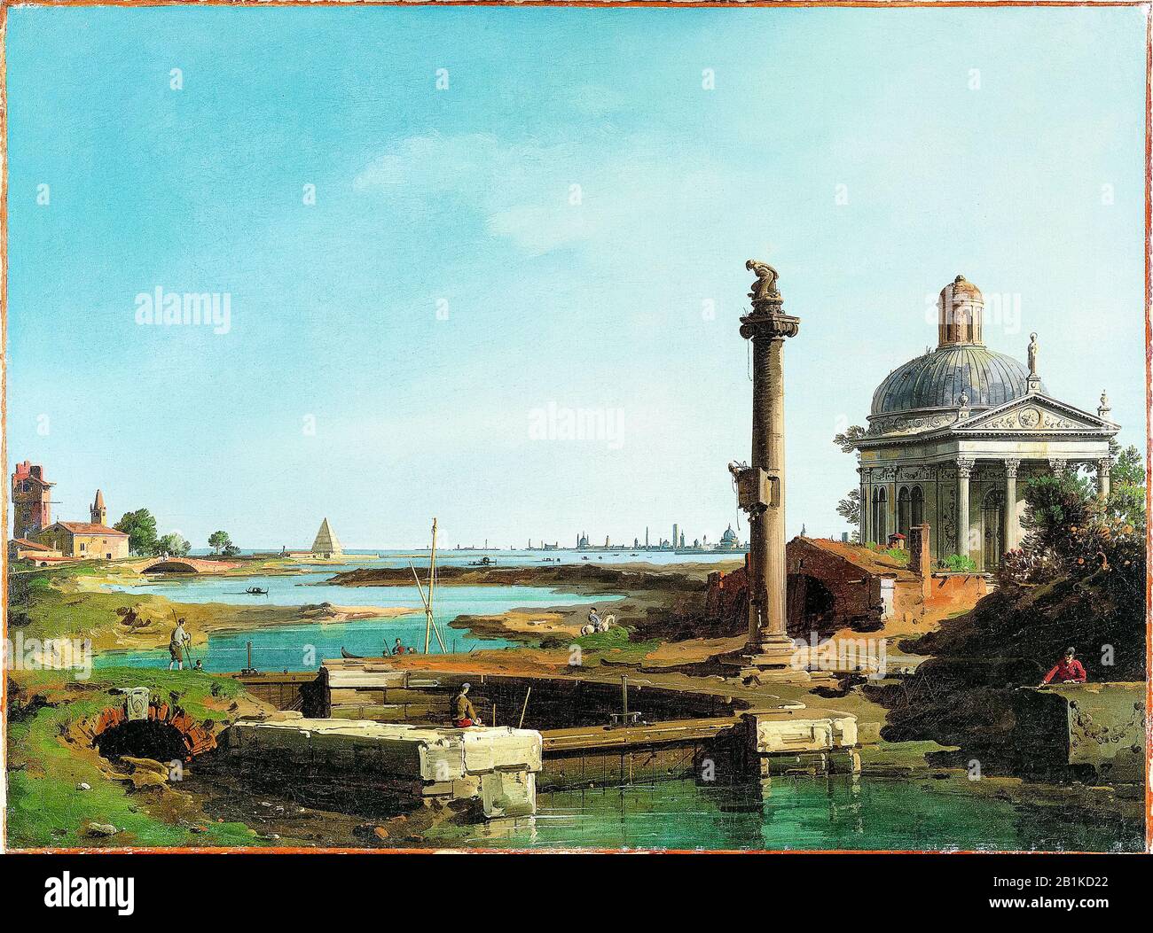 Canaletto, A Lock, a Column and a Church beside a Lagoon, landscape painting, probably 1740-1745 Stock Photo