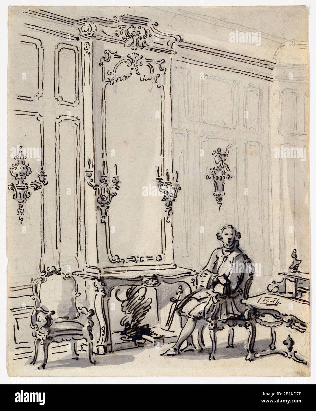 Canaletto, A Venetian Interior with a Young Man Seated by the Fire, drawing, after 1717 Stock Photo