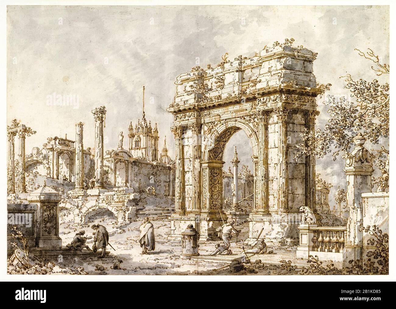 Canaletto, drawing, Capriccio with a Roman Triumphal Arch, 1720-1730 Stock Photo