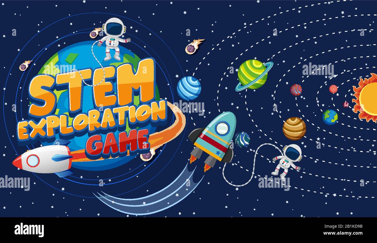 Background scene with astronauts and many planets in universe ...