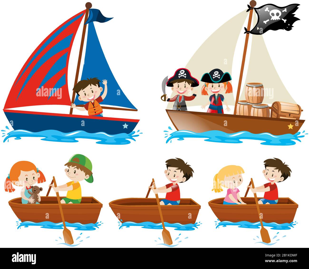 Set of happy children sailing boats on white background illustration ...