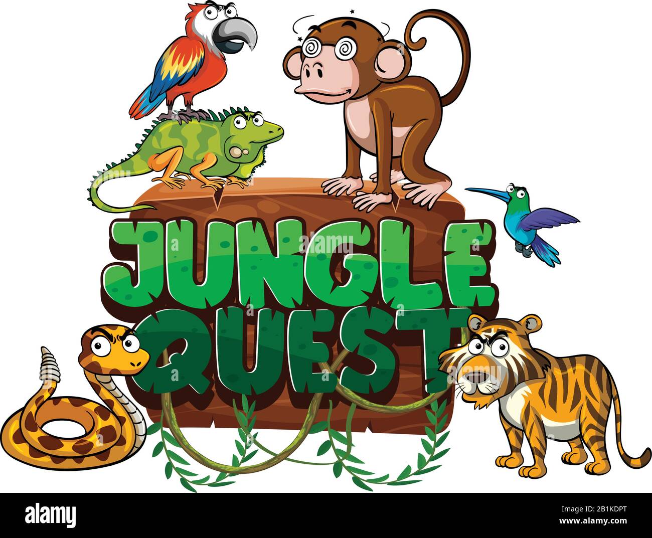 Font design for word jungle quest with many wild animals illustration