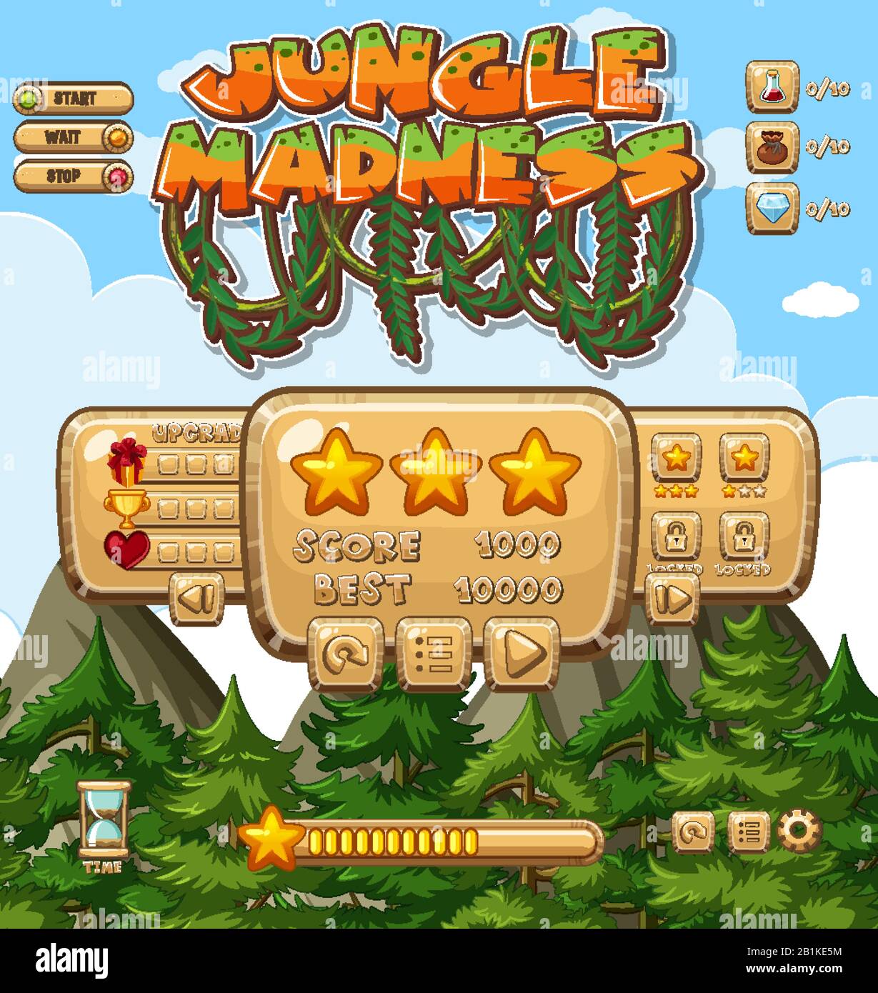Computer game template with many trees in background illustration Stock ...