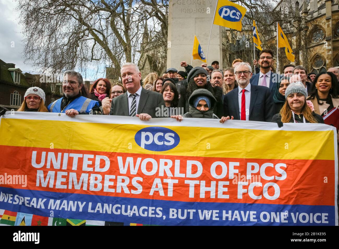 Westminster, London, UK. 26th Feb, 2020. Labour Leader Jeremy Corbyn, as well as John Mc Donnell, Dawn Butler, and Labour Chairman Ian Lavery and others speak at a protest organised by the PCS (Public and Commercial Services Union) supporting striking Interserve Workers. Outsourced facilities management workers at the Foreign and Commonwealth Office (FCO) in London began their strike period in November, because Interserve are not willing to recognise PCS. Credit: Imageplotter/Alamy Live News Stock Photo