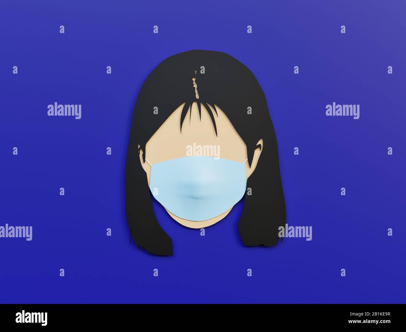 Woman wearing medical mask as protection in Phantom Blue background with minimalist concept - 3D Rendering Concept Stock Photo