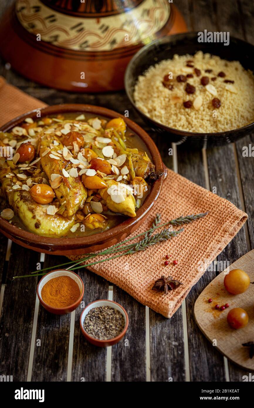 Chicken tagine with mirabelles and spices Stock Photo