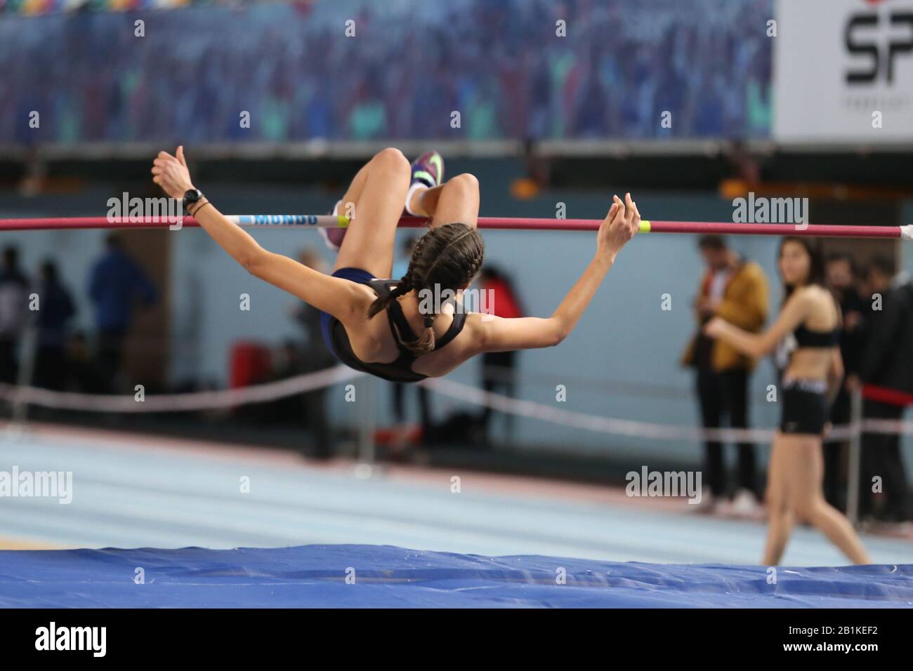 ISTANBUL, TURKEY - FEBRUARY 02, 2020: Undefined athlete high jumping ...