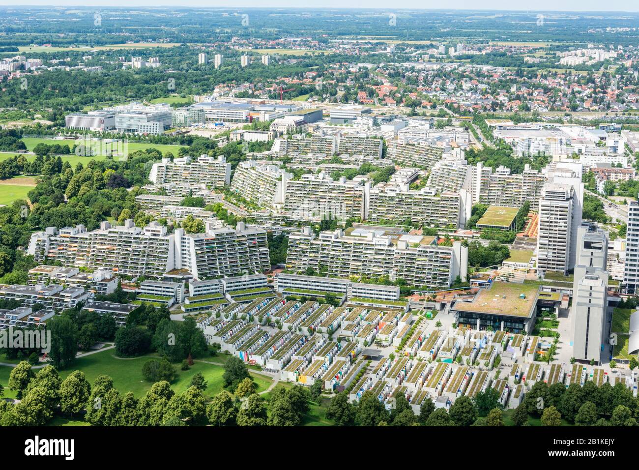 Munich, Germany – July 1, 2016. Aerial view over Olympic Village (Olympisches Dorf) in Munich, in summer. The village was constructed for the 1972 Sum Stock Photo