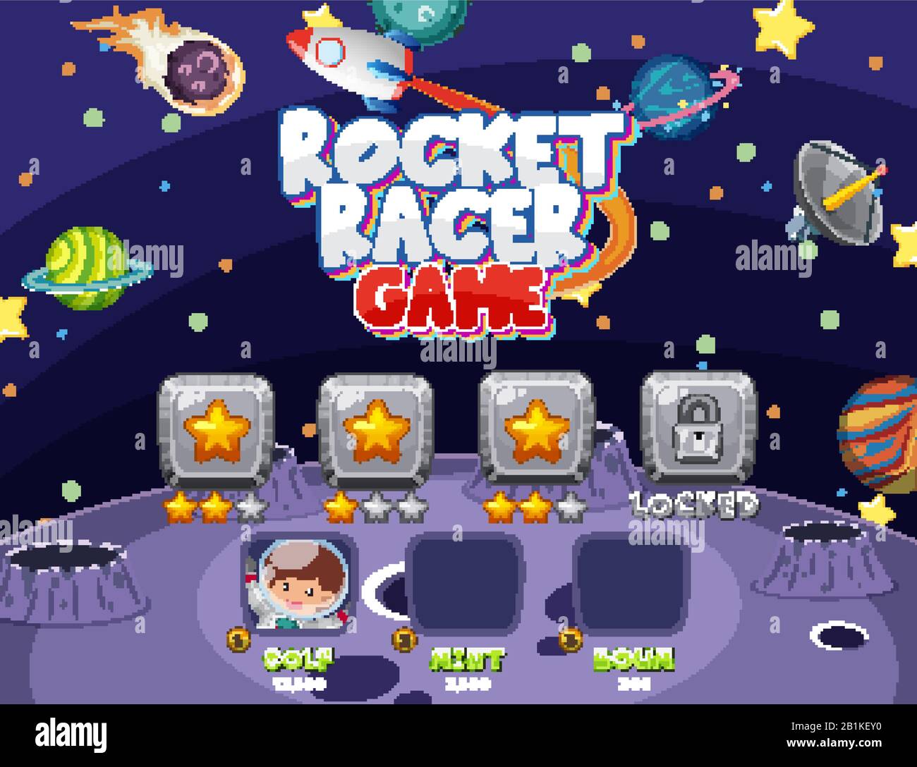 Computer game template with astronaut and many planets in space illustration Stock Vector