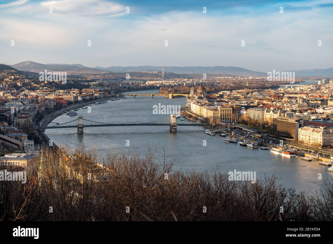 view from Gellert Hill over Budapest and the Danube in beautiful evening light Stock Photo