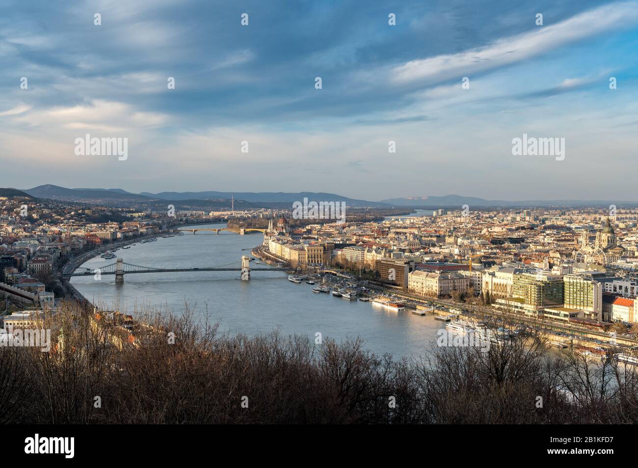 view from Gellert Hill over Budapest and the Danube in beautiful evening light Stock Photo