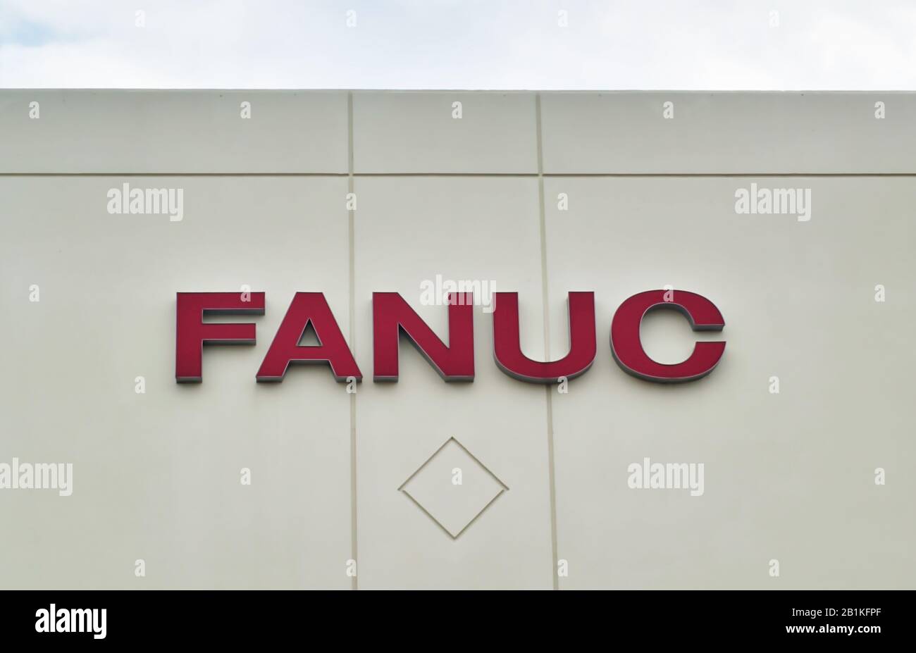 FANUC Corporation office building wall sign in Houston, TX. The largest supplier of industrial automation robotics in the world, founded in 1958. Stock Photo