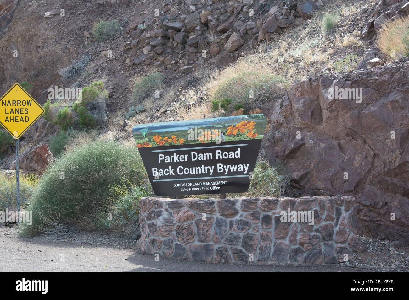 Scenic Byway sign at Parker Dam, Arizona Stock Photo