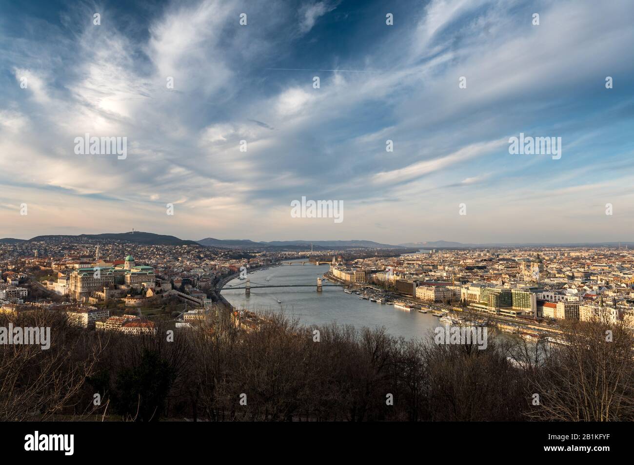 view from Gellert Hill over Budapest and the Danube in beautiful evening light Stock Photo