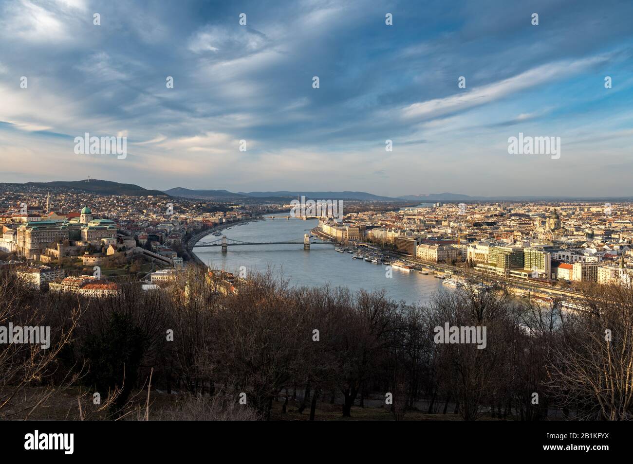 view from Gellert Hill over Budapest and the Danube in beautiful evening light Stock Photo