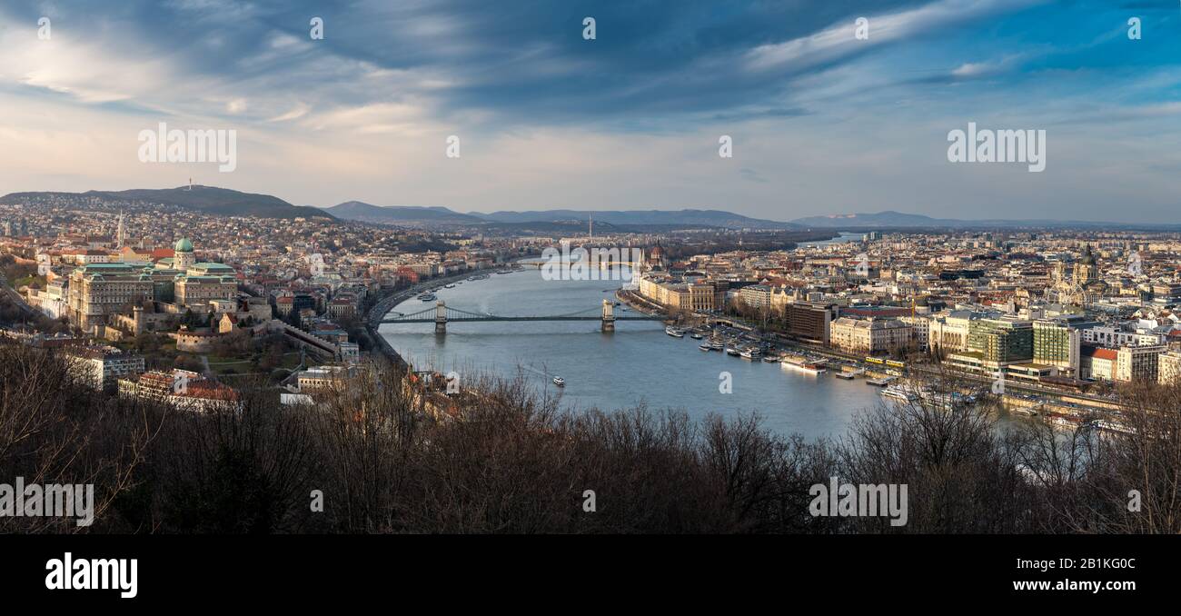 panoramic view from Gellert Hill over Budapest and the Danube in beautiful evening light Stock Photo