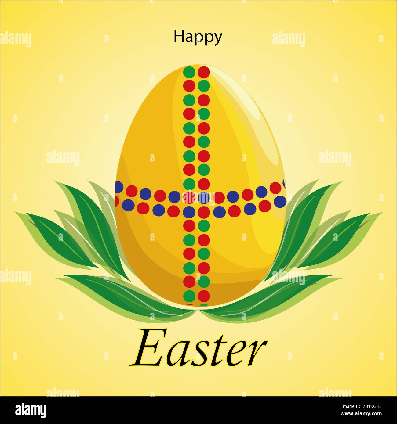 Golden Easter egg, green leaves .Happy Easter text Illustration. Stock Photo