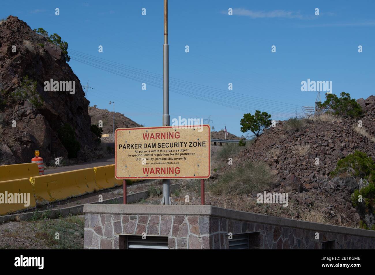 Security warning sign at Parker Dam, Arizona Stock Photo