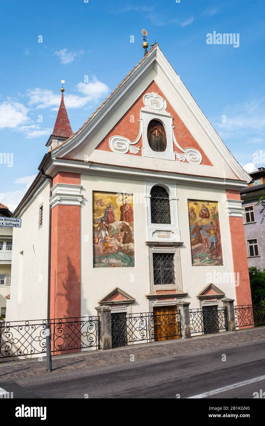 Lana, South Tyrol, Italy – July 2, 2016. Exterior view of the St. Johannes Nepomuk church, originally known as Maria Hilf church, in Lana, Italy. Stock Photo