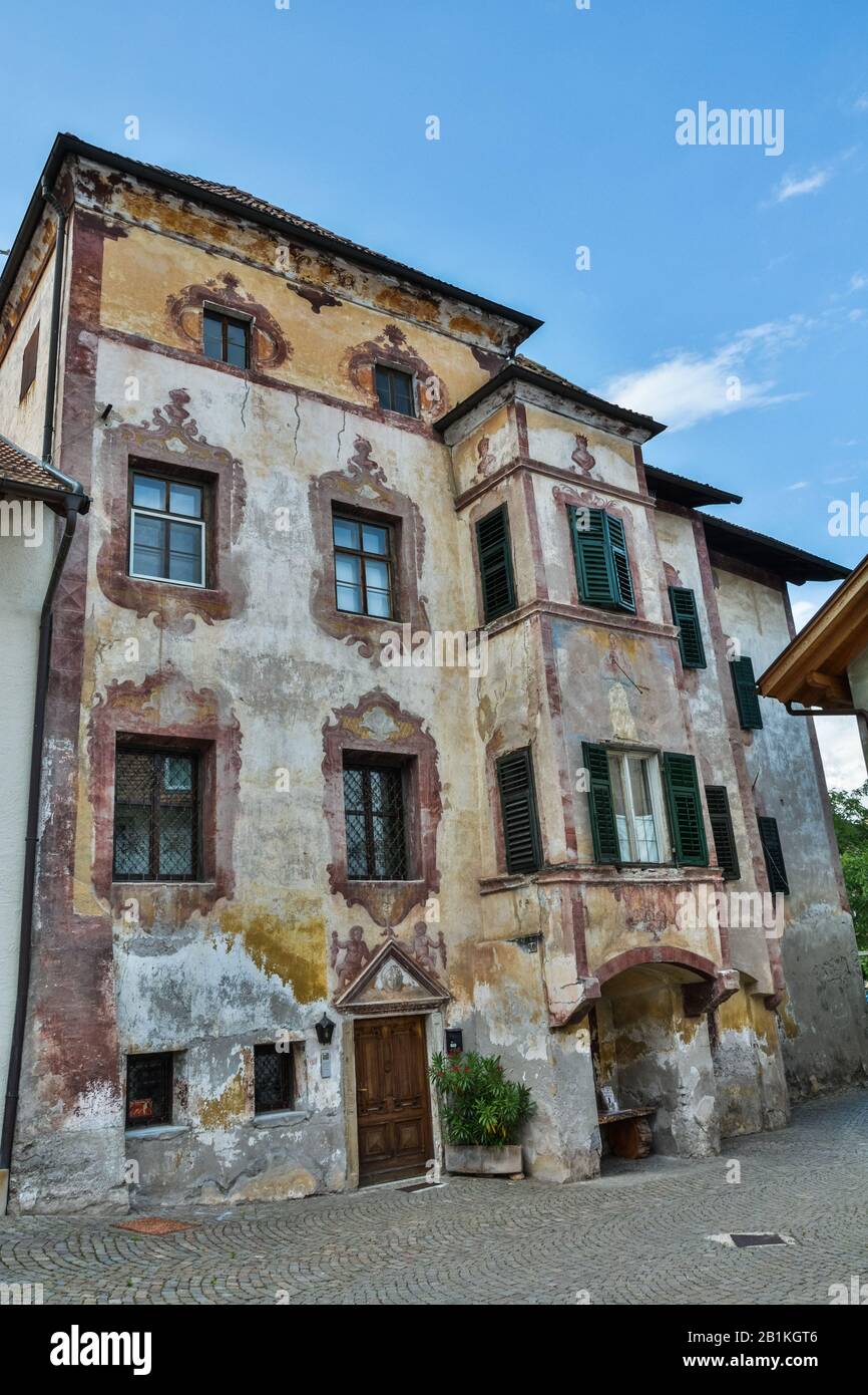 Lana, South Tyrol, Italy – July 2, 2016. Thaler historic building with rich facade paintings, dating from around 1700, in Lana, Italy. Stock Photo