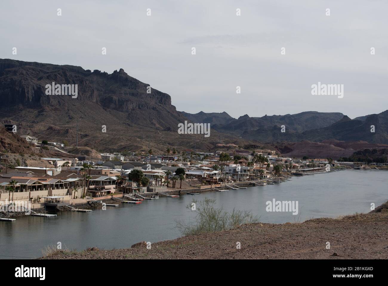 The village of Parker dam. located below the dam, has access to teh Colorado River. Stock Photo