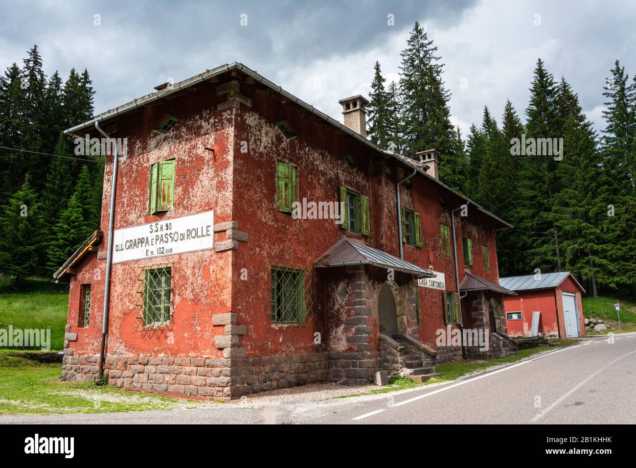 San Martino di Castrozza, Trentino, Italy – July 3, 2016. Historic building occupied by a road maintenance station in San Martino di Castrozza mountai Stock Photo