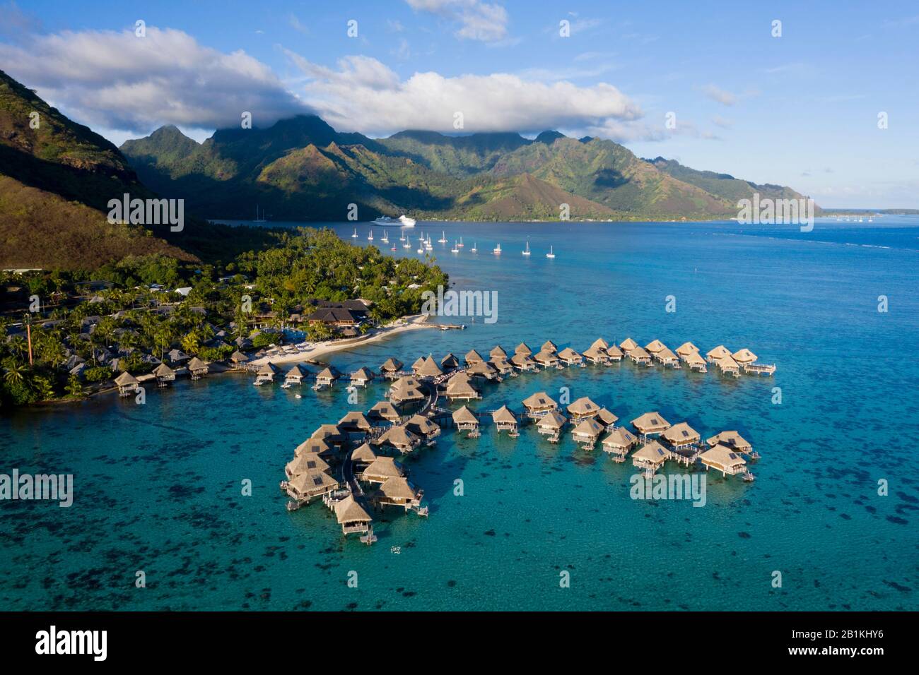 Tourist Resort with Water Bungalows, Moorea, French Polynesia Stock Photo