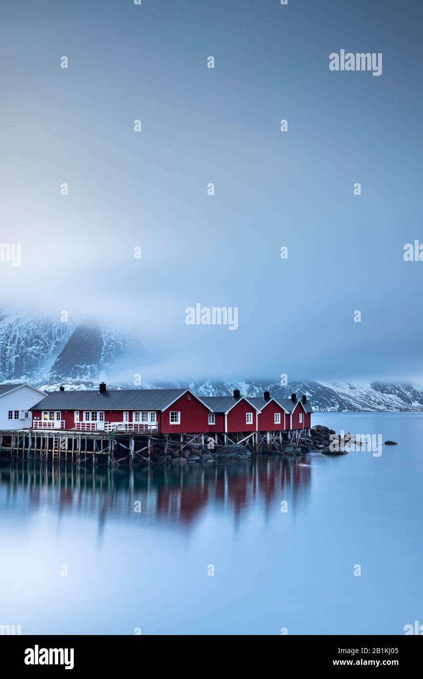 Rorbuer cabins from Hamnoy by the fjord, Hamnoy, Moskenesoya, Lofoten, Norway Stock Photo