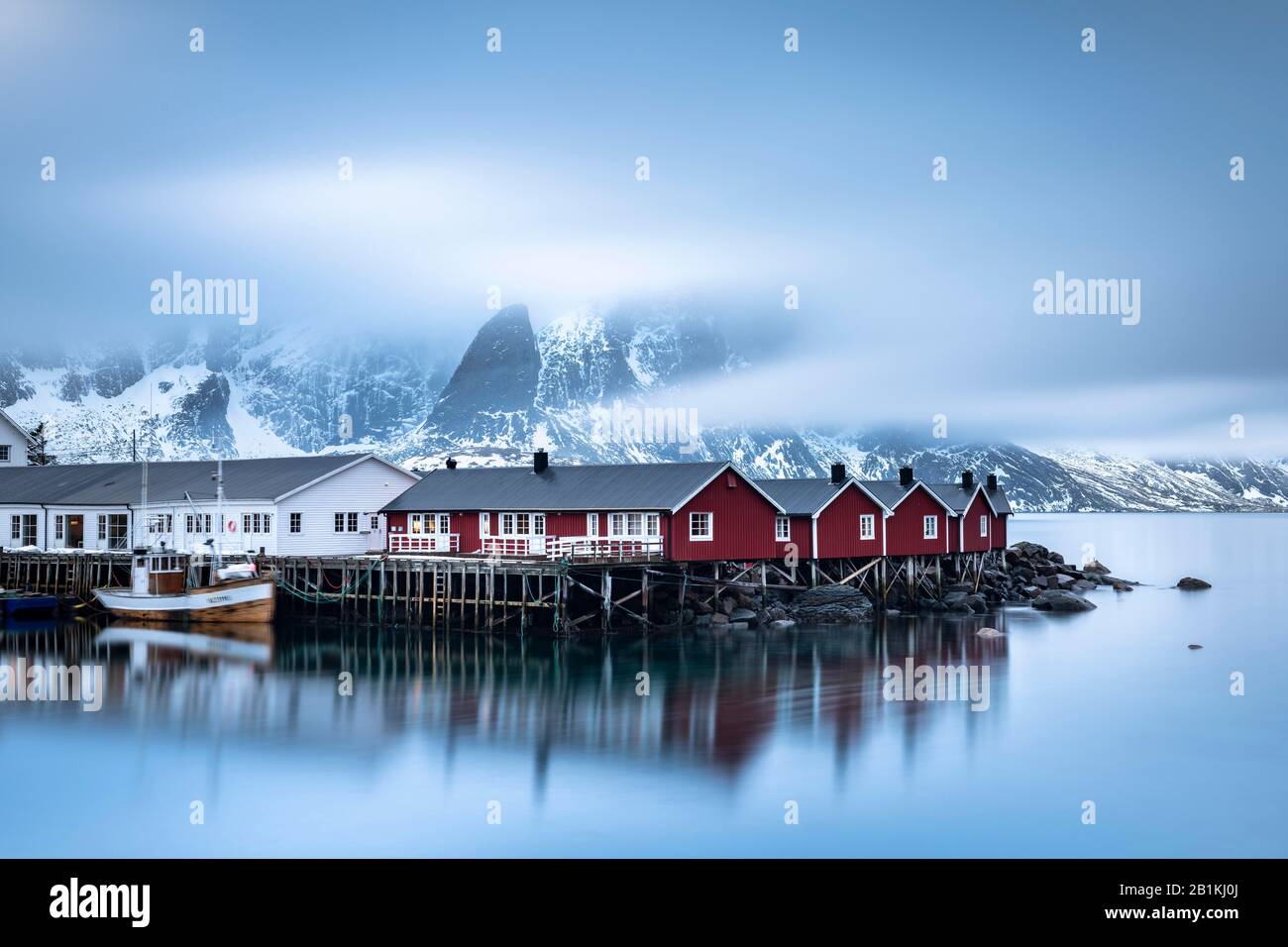 Rorbuer cabins from Hamnoy by the fjord, Hamnoy, Moskenesoya, Lofoten, Norway Stock Photo