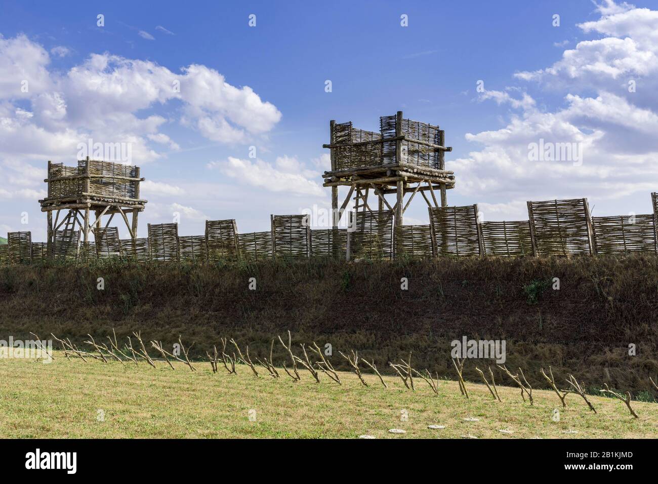 Roman camp with watchtowers at the Museum of the Battle of Alesia, Alise-Sainte-Reine, Departement Cote-d'Or, France Stock Photo