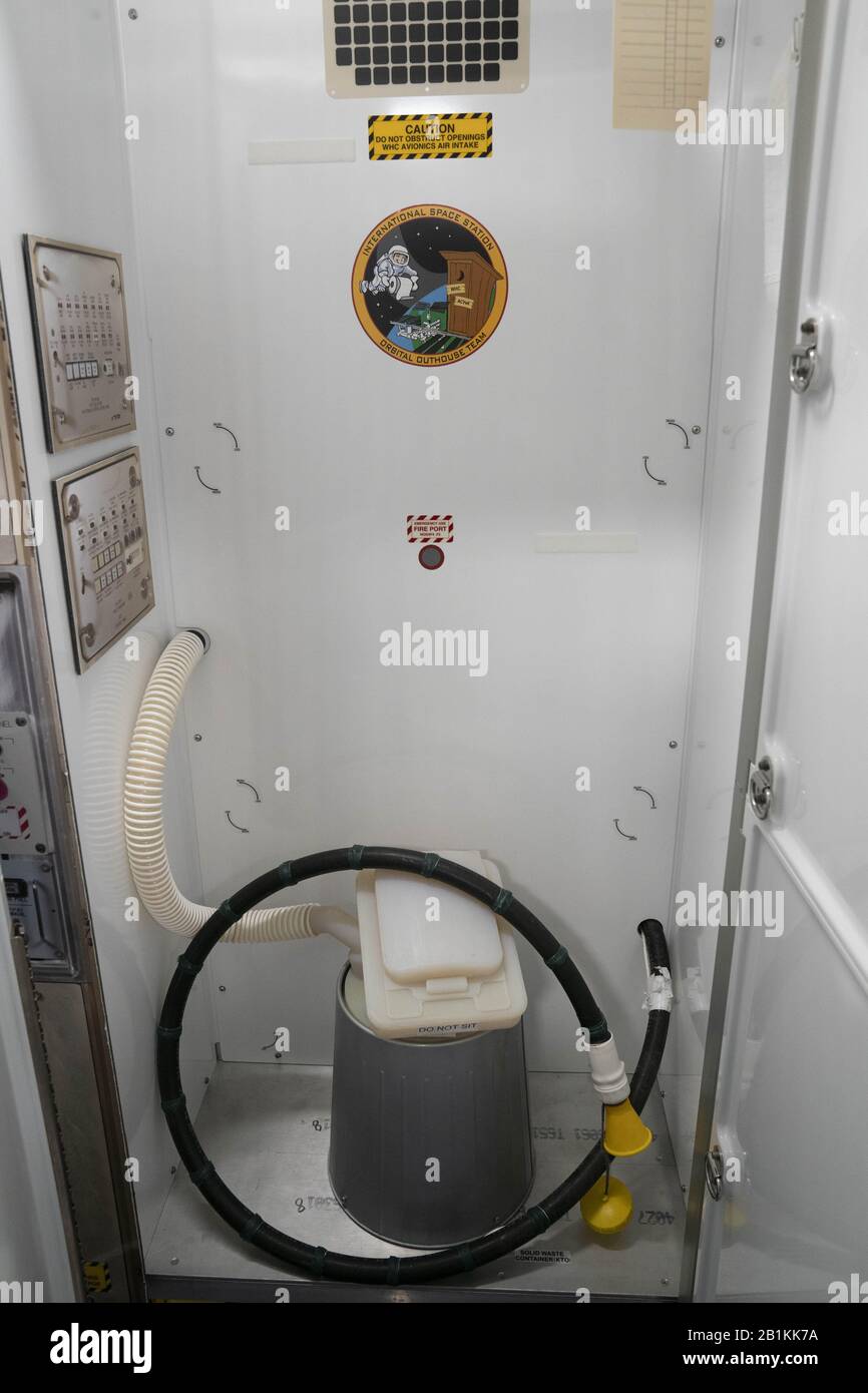 Houston, Texas, USA. 25th Feb, 2020. The toilet facility in Node 3 of the International Space Station (ISS) at NASA's sprawling Johnson Space Center outside Houston. The building houses a full size mockup of the ISS and is constantly being modified as changes are made to the current ISS that's been in space for 20-plus years. Credit: Bob Daemmrich/ZUMA Wire/Alamy Live News Stock Photo