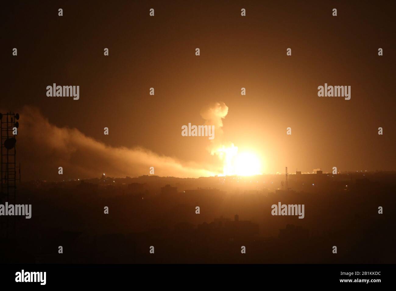 A ball of fire is seen following an Israel airstrike at Rafah in the southern Gaza Strip early, on Feb 23, 2020. Photo by Abed Rahim Khatib Stock Photo