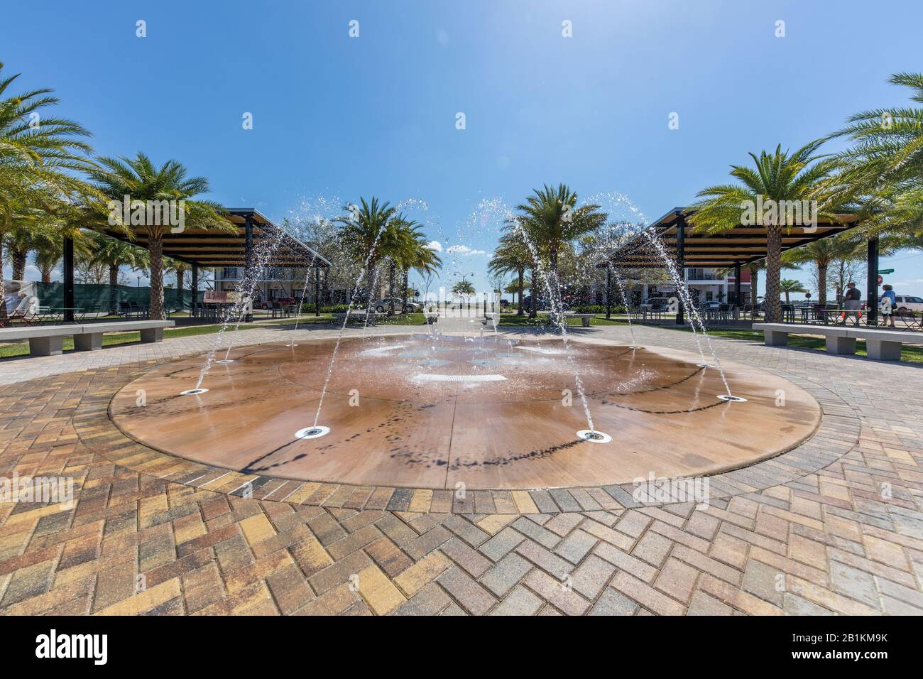 Water fountain in the middle of founders square at Babcock Ranch Florida, a solar powered community. Stock Photo