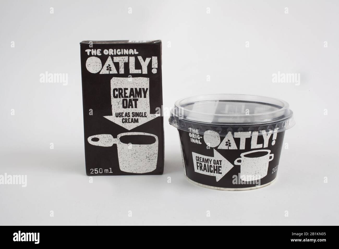 Oatly cream and Creamy Oat Fraiche, dairy alternative products Stock Photo